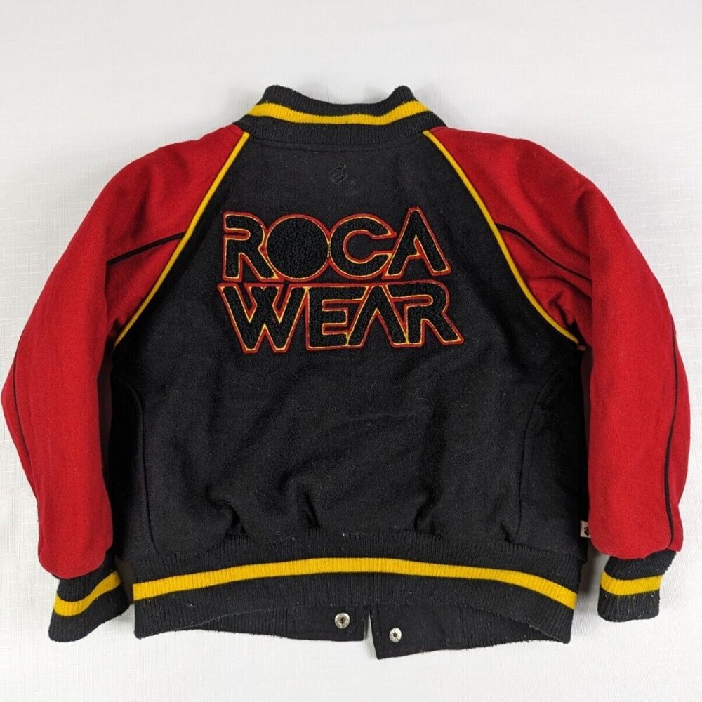 Youth Roca Wear Wool Leather Varsity Jacket Embroidered Black Red Kids Size 4